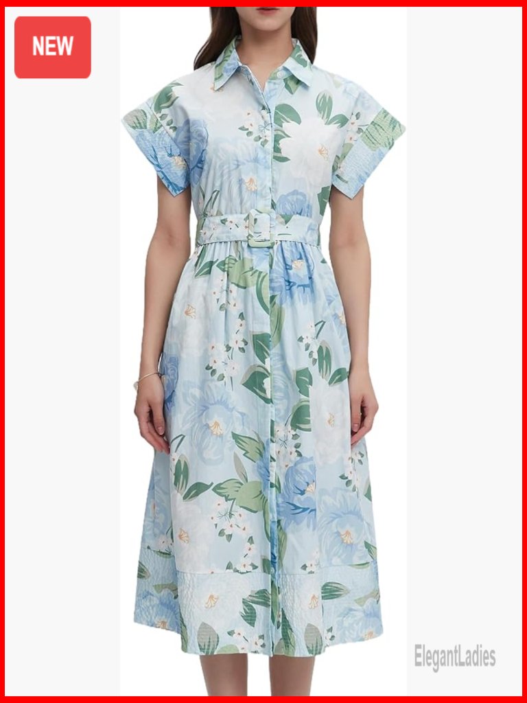 Casual Short Sleeve Button Down Midi Dress With Pockets Floral